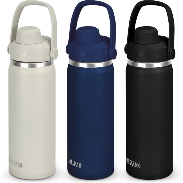 A drink bottle featuring a stainless-steel design, available in cream, navy blue, and black. Each bottle has a handle.