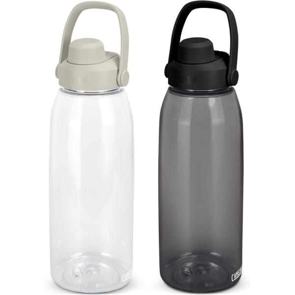 A drink bottle set featuring a clear bottle and a dark grey bottle, both with stylish caps and handles.