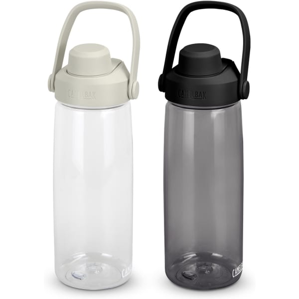 A drink bottle set featuring a clear bottle with a light green lid and a dark grey bottle with a black lid, both with handles.