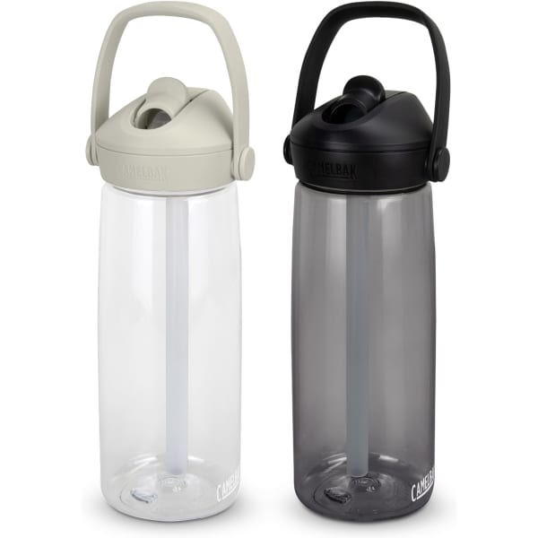 A drink bottle set featuring a clear bottle with a light grey lid and a dark grey bottle with a black lid. Both have a straw and branding.
