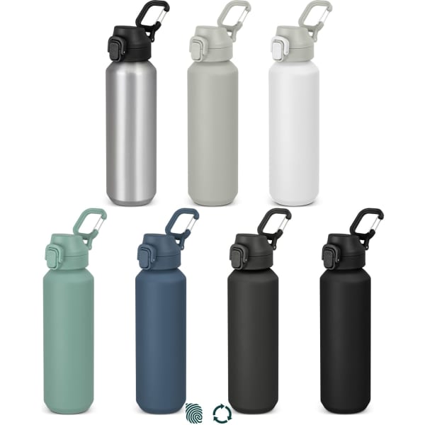 A drink bottle collection featuring eight bottles in silver, grey, white, teal, and black, each with a lid and a logo.