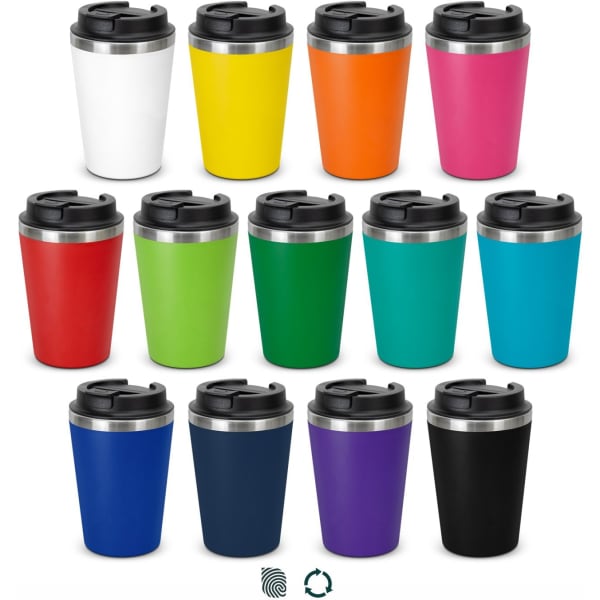 A collection of reusable coffee cups in various colours, each with a stainless steel band and black lid.