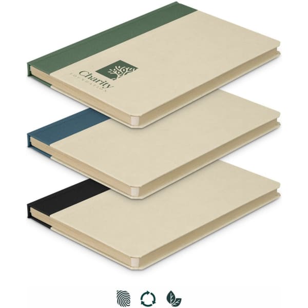 A collection of Paulo Sugarcane Notebooks in green, blue, and black, featuring a logo on the cover.