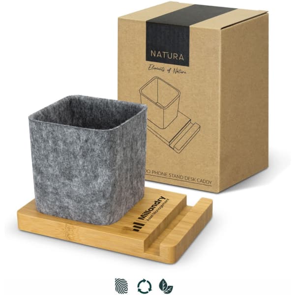 A bamboo phone stand desk caddy with a grey felt holder and a cardboard box. Features a logo on the base.
