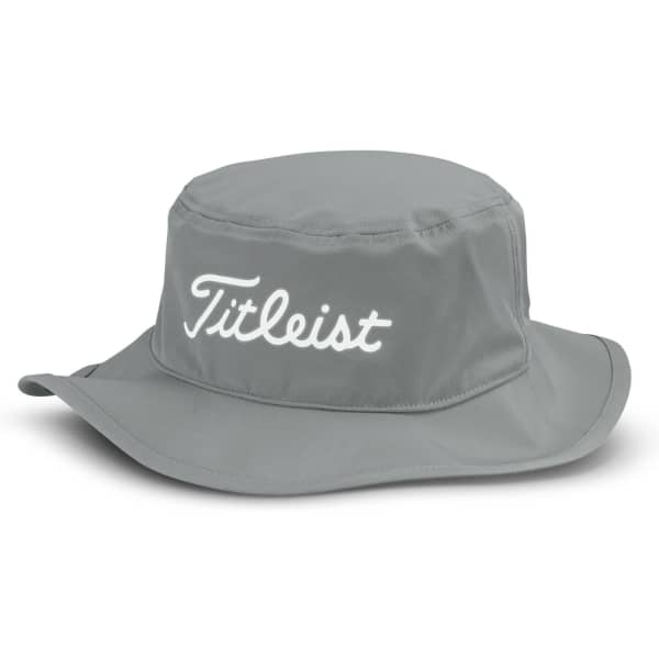 A grey bucket hat with a wide brim and an embroidered logo on the front.