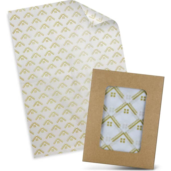 Tissue paper and kraft envelope, featuring a repeating pattern in green and white, with a transparent section on the envelope.