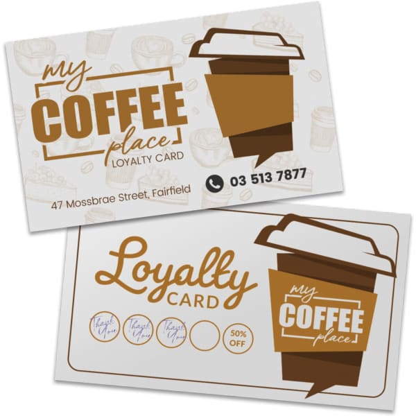 A loyalty card featuring a coffee cup design in brown and white with space for stamps or stickers.