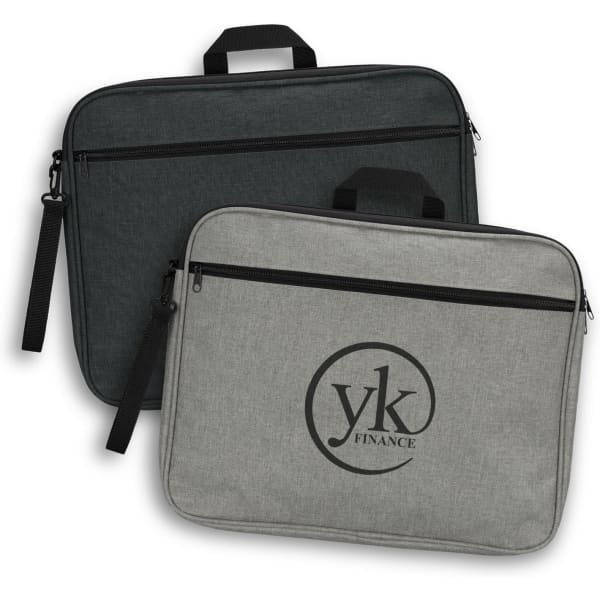 A pair of satchels in dark green and light grey, each with a zippered closure and a logo.