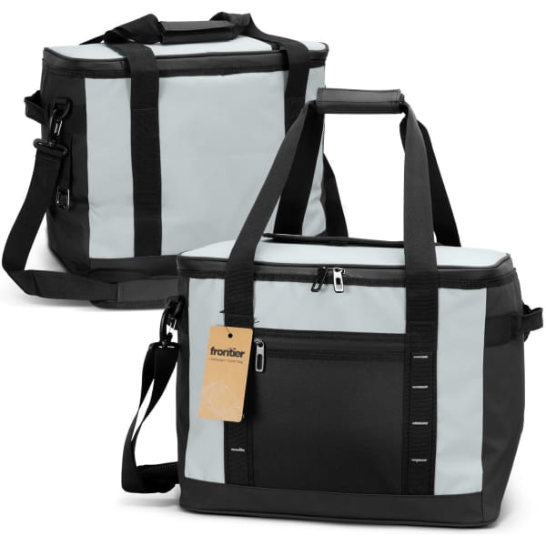 A cooler bag in light blue and black with multiple handles and a front pocket, featuring a logo.