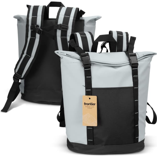 A grey and black cooler totepac with adjustable straps and a front pocket, featuring a branding logo.