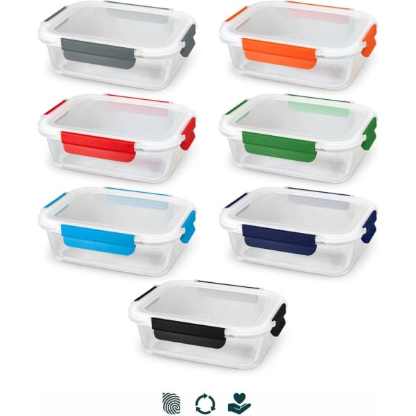 A set of seven clear lunch boxes in various colours, each with coloured clips on the sides, featuring a logo.