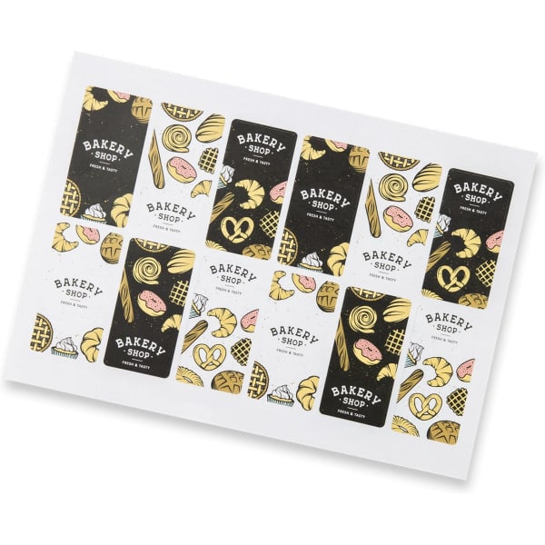 A rectangular matte sticker sheet featuring colourful bakery-themed designs and a logo.