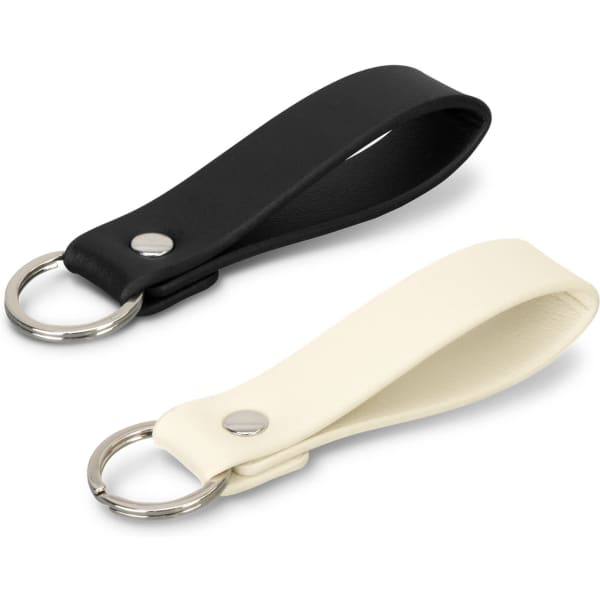 A key ring set featuring a black and a white strap, each with a metal ring and snap.