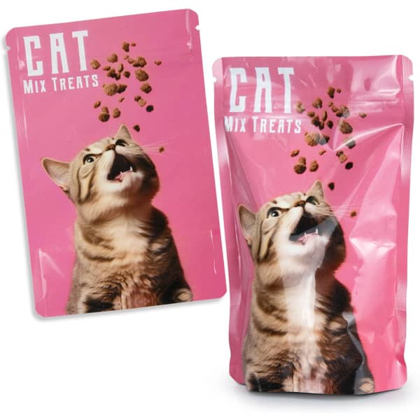 A pink foil stand-up pouch containing cat treats, featuring a graphic of a cat with treats above it and a logo.