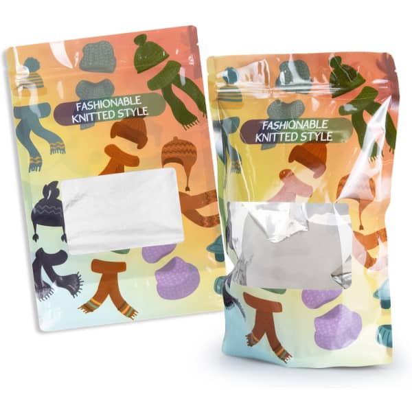 Two extra-large foil stand-up pouches showcasing a colourful knitted pattern with a blank window and a logo.