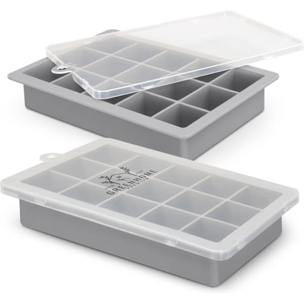 A grey ice tray with a lid featuring 12 compartments, designed for making ice cubes. It includes a logo on the front.