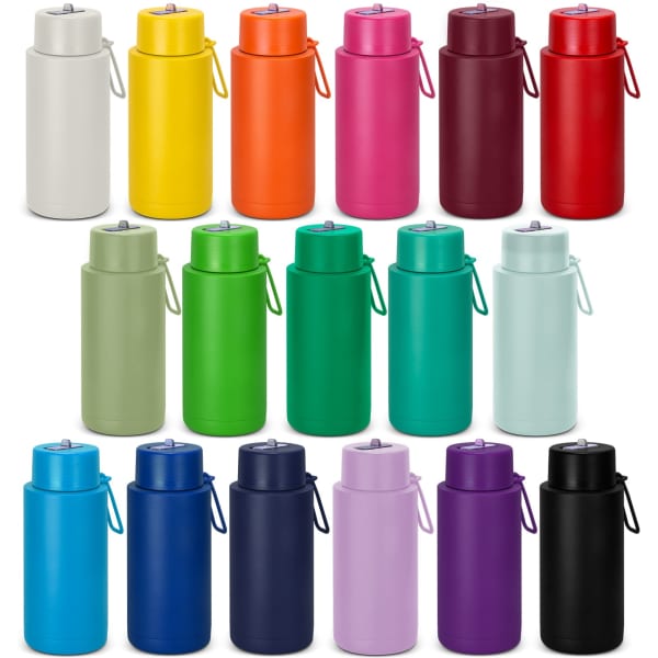 A drink bottle collection featuring various colours including grey, yellow, pink, red, green, teal, purple, and black. Each has a logo.