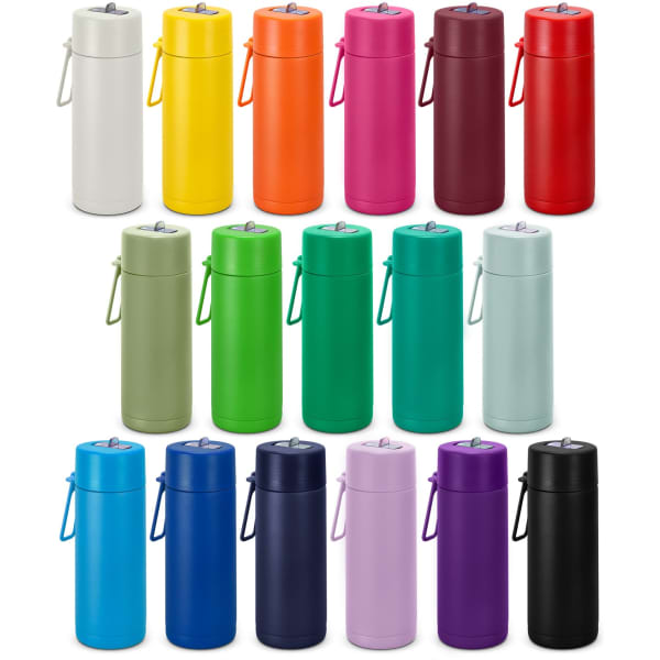 A drink bottle collection in various colours including white, yellow, orange, pink, red, green, blue, and black, each with a logo.
