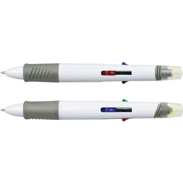 A Tetra Highlighter Pen featuring multiple highlighter colours in a plastic casing with grey accents. The product has a logo.