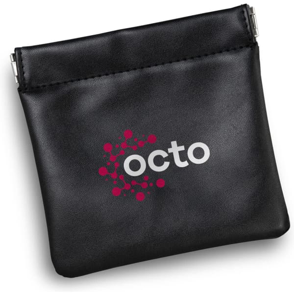 A black toiletry pouch with a zip closure and a logo on the front, featuring a smooth leather-like finish.