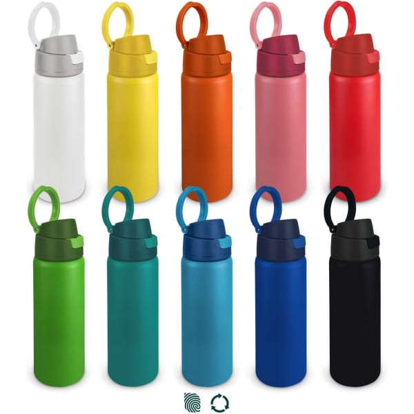 A drink bottle collection featuring various colours including white, yellow, orange, pink, red, green, blue, teal, and black. Each has a logo.