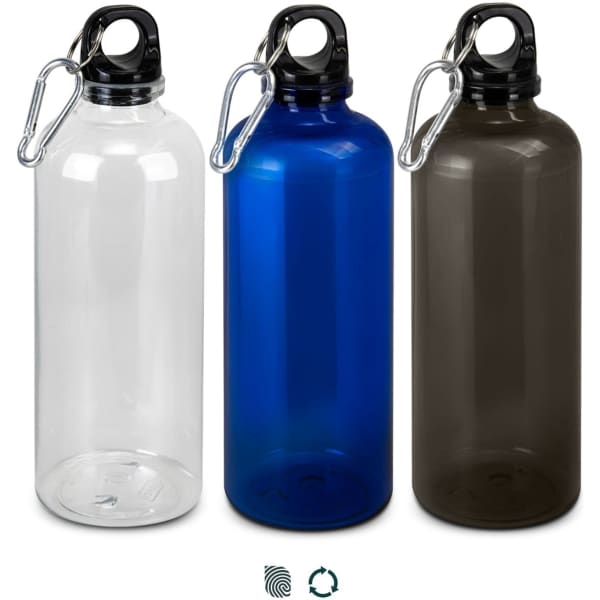 A drink bottle set featuring three RPET bottles in clear, blue, and dark grey, each with a black lid and carabiner.