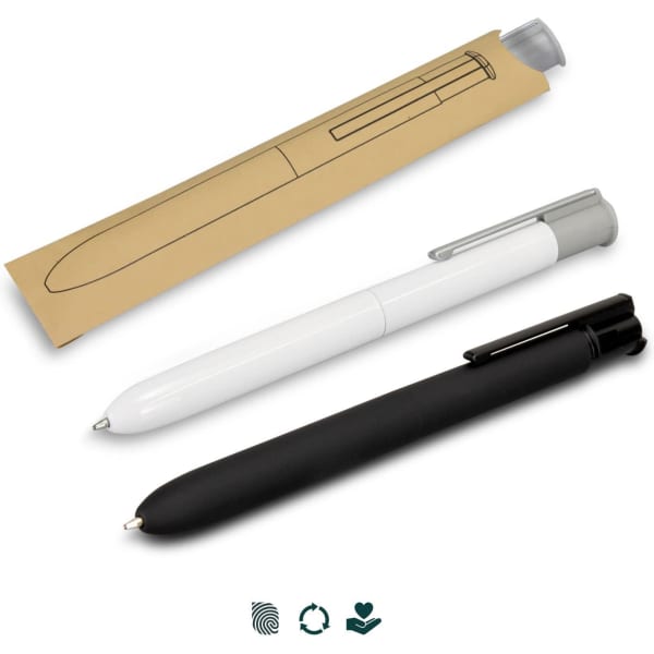 A collection of three SPICE Quatro Pens in black, white, and grey packaging. Each pen features a different colour barrel.