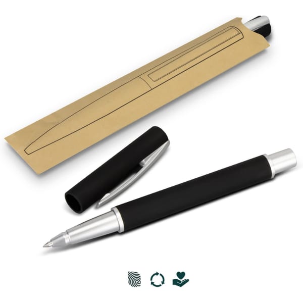 A black rollerball pen with a silver clip and a matching cardboard sleeve, featuring a logo.