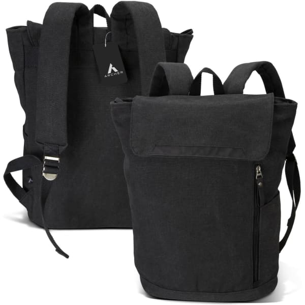 A black canvas backpack with multiple compartments and adjustable straps, featuring a logo tag.