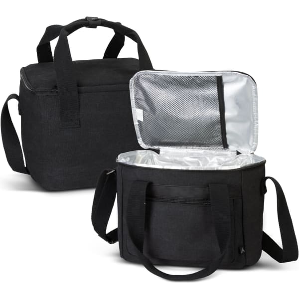 A black canvas cooler bag with a zippered top, featuring a silver insulated interior and detachable shoulder strap.