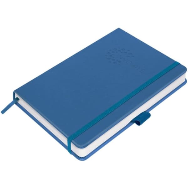 A blue notebook with a debossed design, featuring a closure band and a bookmark ribbon.