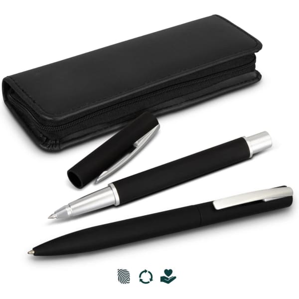 A black promotional pen set featuring a sleek case and two pens, one with a silver finish and one with a black finish.