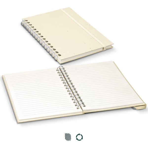 A beige recycled paper spiral notebook with a textured cover and lined pages, featuring a logo on the front.