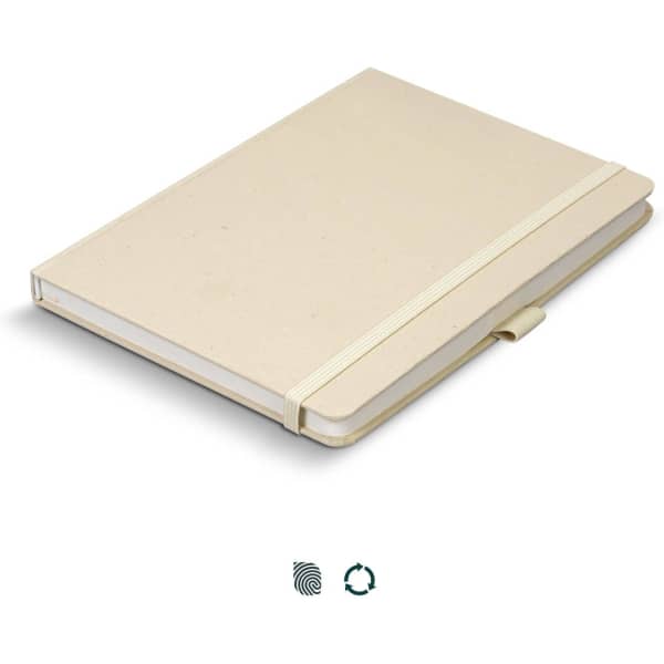 A cream-coloured hard cover notebook with a textured finish and an elastic band closure. It features a branding logo.