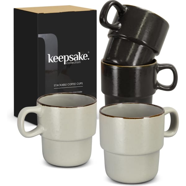 A set of two stackable coffee cups in grey and black, packaged in a box with a logo.