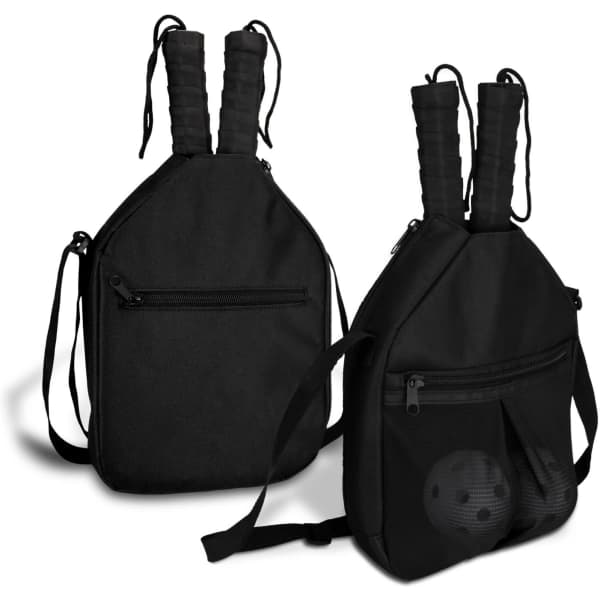 A black pickleball bag featuring two grips, a front pocket, and a shoulder strap for easy carrying.
