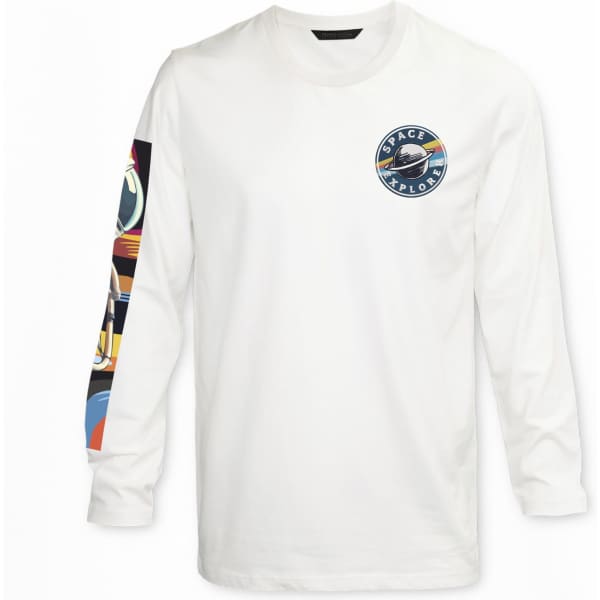 A white long-sleeve crew shirt featuring faux embroidery and colourful designs on the sleeves, with a logo present.