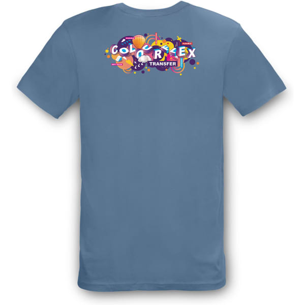 A blue unisex T-shirt featuring a Colourflex transfer design on the back and a logo.
