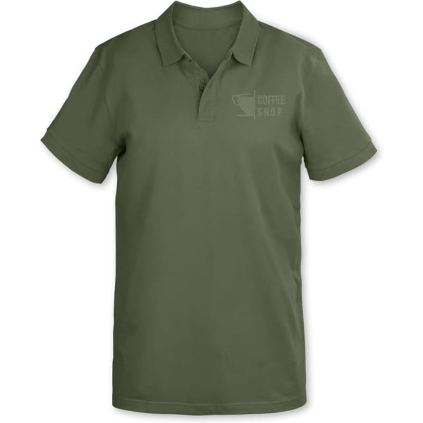 A green polo shirt featuring tone-on-tone embroidery and a logo on the chest.