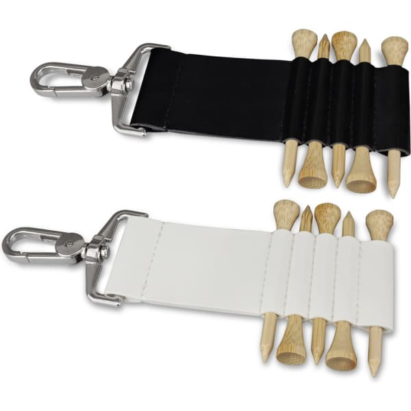 A black and white golf tee holder featuring multiple slots for wooden tees and a metal clip.