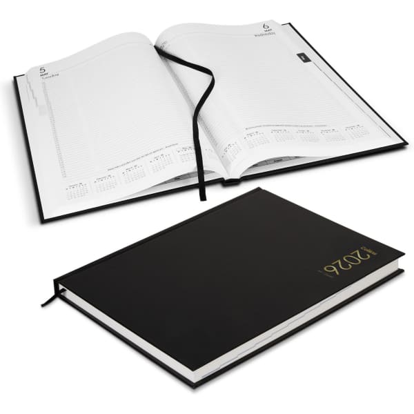 A black A4 diary with a ribbon marker, featuring lined pages and annual calendar overviews for 2026.
