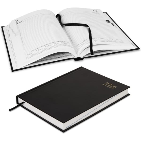 A black A5 diary for 2026, featuring an open layout with daily entries and a black ribbon bookmark.