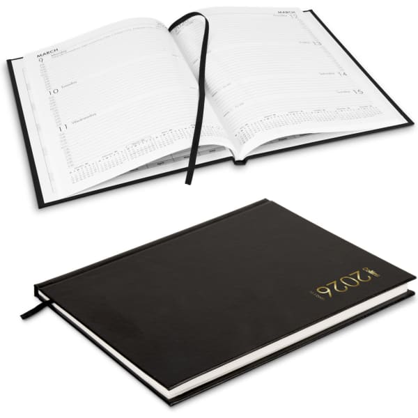 A black A5 weekly diary with a ribbon bookmark, featuring an open layout and a sleek cover design.
