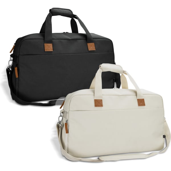 A black and white duffle bag with top handles and a detachable shoulder strap, featuring leather accents.