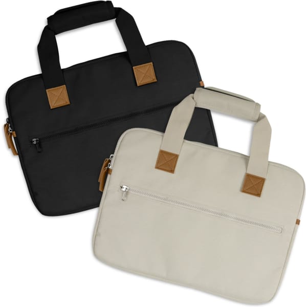 A laptop bag in black and beige with brown accents and dual handles, featuring front zippers.