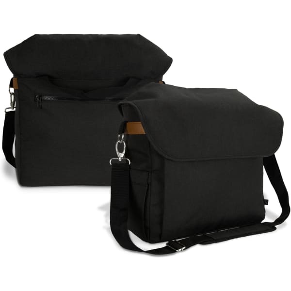 A black messenger bag with a flap closure, featuring a front zip pocket and an adjustable shoulder strap.
