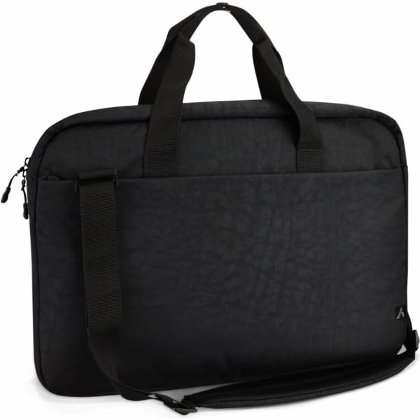A black laptop bag featuring dual handles and a detachable shoulder strap, with a textured finish and logo branding.