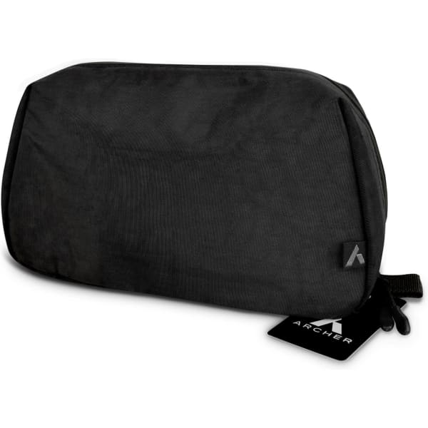 A black toiletry bag featuring a zip closure and a logo tag. Simple and sleek design for personal items.