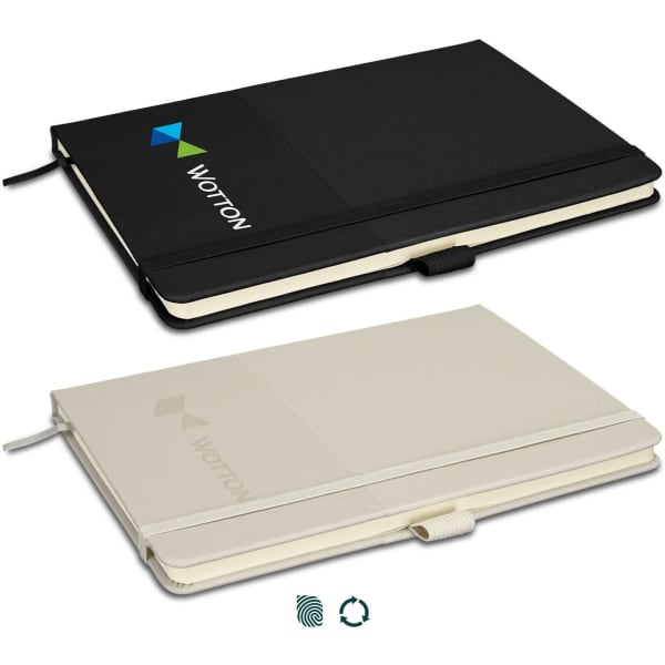 A black and cream notebook featuring a logo on the cover, with a stylish design and elastic closure.