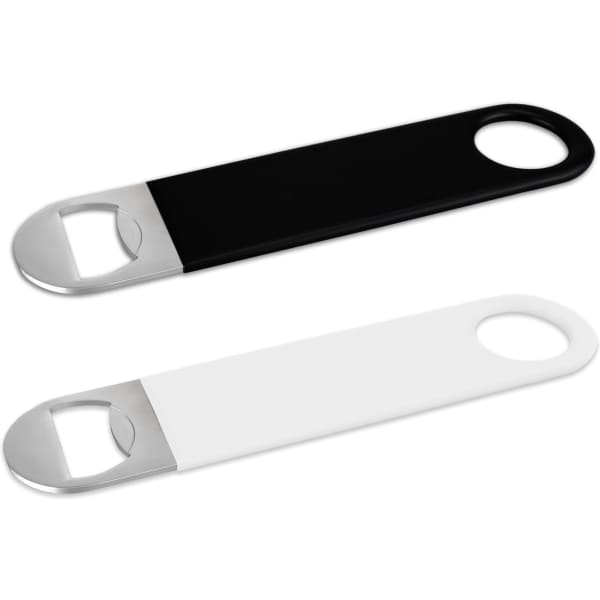 A drink bottle opener featuring a sleek black and white design with a metal opening end and a circular handle.